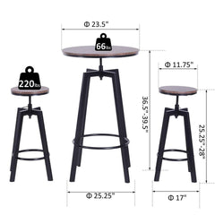 3-piece Adjustable Industrial Indoor Bistro Set Made of Sturdy Powder-Coated Steel Framing and MDF Board Top