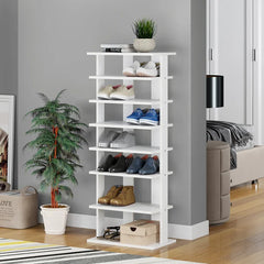 White 14 Pair Shoe Rack Multi-Functional for Storage 7 Open Shelves Provide Ample Storage