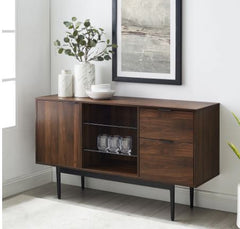 52-inch Modern Sideboard - Dark Walnut Open, Adjustable Tempered Glass Shelving, One Cabinet Door, Two Drawers