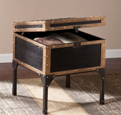 Trunk Side/ End Table Perfect Addition to your Living Room. With An Antique Black Finish Accented with Dark Antique Bronze Detailing