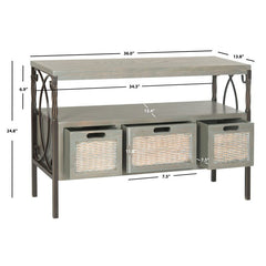 French Gray 36'' Solid Wood Console Table Extra Shelf and Three Roomy Drawers with Woven Wicker Front