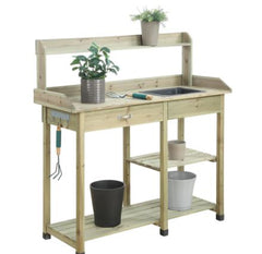 Potting Bench - Natural Fir Get your Gardening Supplies Organized with this Deluxe Potting Bench Drawer and Open Shelves to Meet your Storage Needs