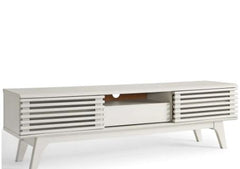 Espoo Mid-century Modern TV Stand - White Two Slatted Sliding Doors, A Center Drawer, and Open Shelf for Easy Organization