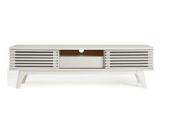 Espoo Mid-century Modern TV Stand - White Two Slatted Sliding Doors, A Center Drawer, and Open Shelf for Easy Organization