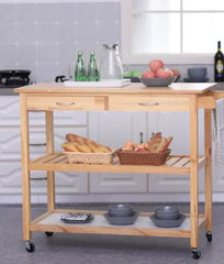 42" Kitchen Trolley Cart Rolling Island Utility Serving Cart with 2 Drawers and 3-Tier Shelf Pine Wood Add A Modern Natural Touch to your Living Space