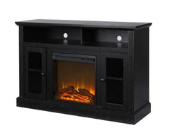 Garnett Electric Fireplace TV Console - Black Two Open Shelves, Two Glass Cabinets, and an Electric Fireplace