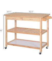 42" Kitchen Trolley Cart Rolling Island Utility Serving Cart with 2 Drawers and 3-Tier Shelf Pine Wood Add A Modern Natural Touch to your Living Space