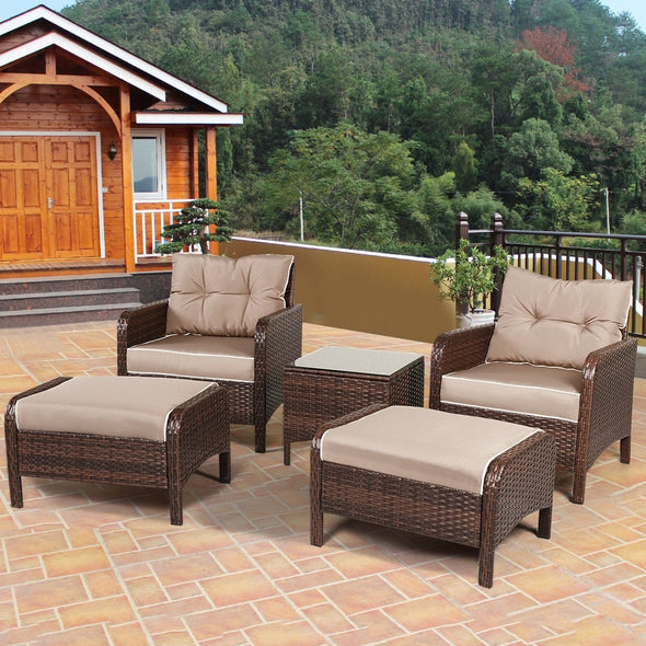 5 Pieces Patio Rattan Sofa Ottoman Furniture Set with Cushions