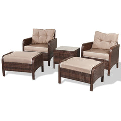 5 Pieces Patio Rattan Sofa Ottoman Furniture Set with Cushions