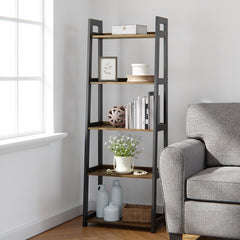 Black and Brown Ladder Bookcase Five-Tier Ladder Bookcase Maximizes Space for all your Storage Needs and Great for Plants, Trophies, Photos