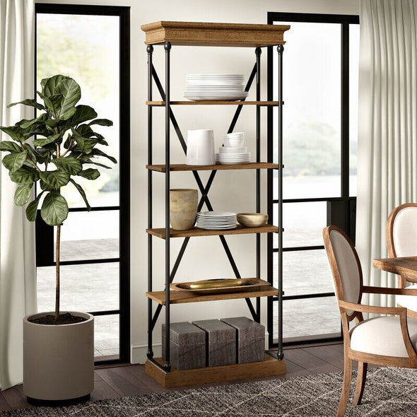 Natural Brown Etagere Bookcase Five Tiers Display Space Crossed Back Support and the Tubular Metal Frame