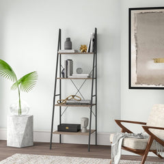 Weathered Gray Steel Ladder Bookcase Open Silhouette Decor Objects and Knickknacks Wood Shelves