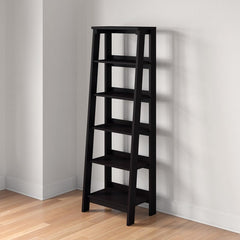 Jamocha Wood Ladder Bookcase Five Open Storage Shelves for your Favorite Home Décor. Holds Books, Photos, Collectibles