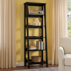 Jamocha Wood Ladder Bookcase Five Open Storage Shelves for your Favorite Home Décor. Holds Books, Photos, Collectibles