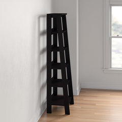 Jamocha Wood Ladder Bookcase Five Open Storage Shelves for your Favorite Home Décor. Holds Books, Photos, Collectibles