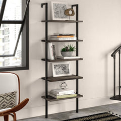 Dark Walnut Brown Wood, Black Metal Frame Steel Ladder Bookcase 5-Tier Bookcase Fit your Home Office or Living Room. The Open-Shelving