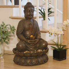 Fiberglass Outdoor Meditating Buddha Fountain with Light Keep Water Flowing Great in Your Yard or Garden, or Placed On Your Deck or Porch