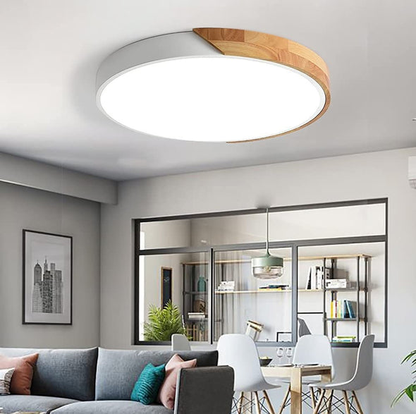 ViKaey Modern LED Ceiling Light, Minimalist Wood Style Flush Mount Ceiling Light Fixture, Circle Lighting Lamp withLampshade (White, 15.8'')