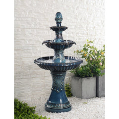 Teal Ceramic Shiloh Fountain 3-Tiered Fountain. The Water Gently Emerges From The Top Bubbler Before Falling Into Three Tiers