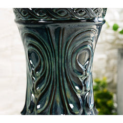 Teal Ceramic Shiloh Fountain 3-Tiered Fountain. The Water Gently Emerges From The Top Bubbler Before Falling Into Three Tiers