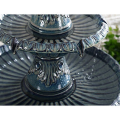 Teal Ceramic Shiloh Fountain 3-Tiered Fountain. The Water Gently Emerges From The Top Bubbler Before Falling Into Three Tiers