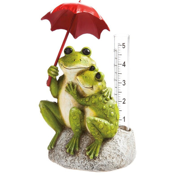 Frog Rain Gauge Charming Rain Gauge. Two Green Frogs Sit Huddled Together Under A Red Umbrella Next To A Glass Rain Gauge