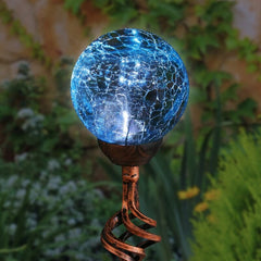 Blue Jetset Solar Glass Crackle Ball Finial Garden Stake Solar Crackle Glass Ball Stake Adds a Decorative Touch To Your Garden Day And Night