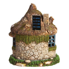 Solar Powered Lawn Ornament Wooden Table and Chairs Inside. The Outside Lantern and Windows Glow At Night with a Ligh