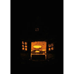 Solar Powered Lawn Ornament Wooden Table and Chairs Inside. The Outside Lantern and Windows Glow At Night with a Ligh