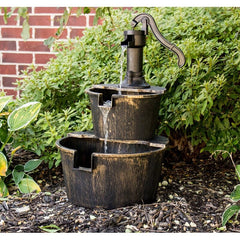 Resin 2-Tier Barrel Fountain Two-Tier Bucket Fountain Brushed Antiqued Bronze Powder Coated Finish Pump Handle