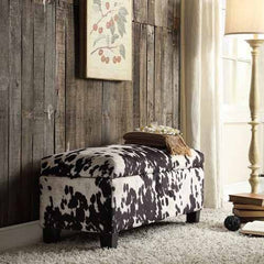 Azteca Cow Hide Print Storage Bench, Black Cow