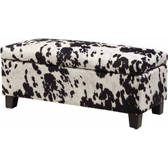 Azteca Cow Hide Print Storage Bench, Black Cow