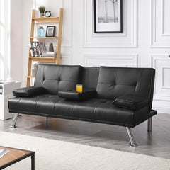 Faux Leather Biscuit Back Convertible Sofa Perfect For Small Spaces And Well Suited For An Apartment, Studio or Living Room