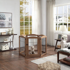 Walnut Free Standing Pet Gate as Panels Extra Wide Gate, Z/U Shape Stairs Barrier, Solid Structure Playpen with a Lockable Door