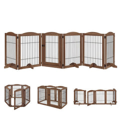 Walnut Free Standing Pet Gate as Panels Extra Wide Gate, Z/U Shape Stairs Barrier, Solid Structure Playpen with a Lockable Door