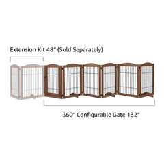 Walnut Free Standing Pet Gate as Panels Extra Wide Gate, Z/U Shape Stairs Barrier, Solid Structure Playpen with a Lockable Door