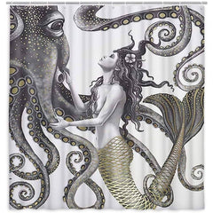 Mermaid and Octopus Shower Curtain, Abstract Ocean Nautical Fantasy Animals Decorative  69x70in