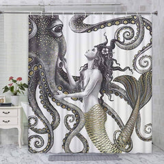 Mermaid and Octopus Shower Curtain, Abstract Ocean Nautical Fantasy Animals Decorative  69x70in