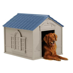 Taupe and Blue Plastic Dog House Dog House is made from durable plastic. The dog house is designed to be staked into the ground to ensure