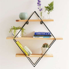 Metal Wood Wall Shelves Shelf Storage Rack Rhombus Rack Storage Retro Style Home Bedroom Decoration Retro Iron Metal Wall Hanging Holder