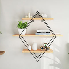 Metal Wood Wall Shelves Shelf Storage Rack Rhombus Rack Storage Retro Style Home Bedroom Decoration Retro Iron Metal Wall Hanging Holder