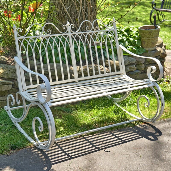 Antique White Outdoor Rocking Metal Bench Perfect For Any Outdoor Space, Patio, Or Garden