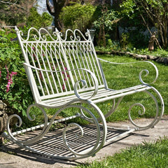 Antique White Outdoor Rocking Metal Bench Perfect For Any Outdoor Space, Patio, Or Garden