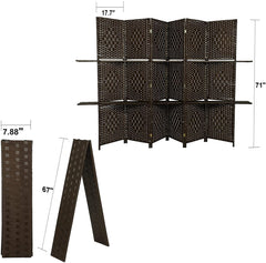 4 Panels Room Screen Divider Hand-Woven Design Room Divider 6 Ft High Fiber Freestanding Privacy Wooden Removable Shelves Screen, Brown