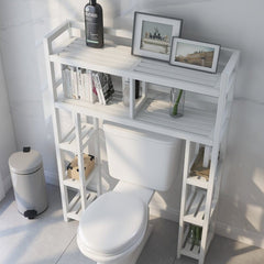 Solid Wood Over The Toilet Storage Freestanding Piece Features Six Smaller Side Shelves and Two Wider Upper Shelves