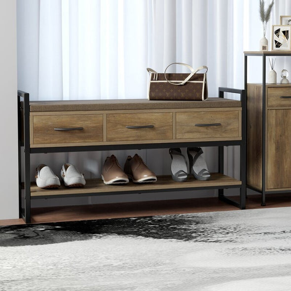 Rustic Brown 5 Pair Shoe Storage Bench Great Your Entryway 4 to 5 Pairs of Shoes Removable and Washable. Three Pull-Out Drawers Organize