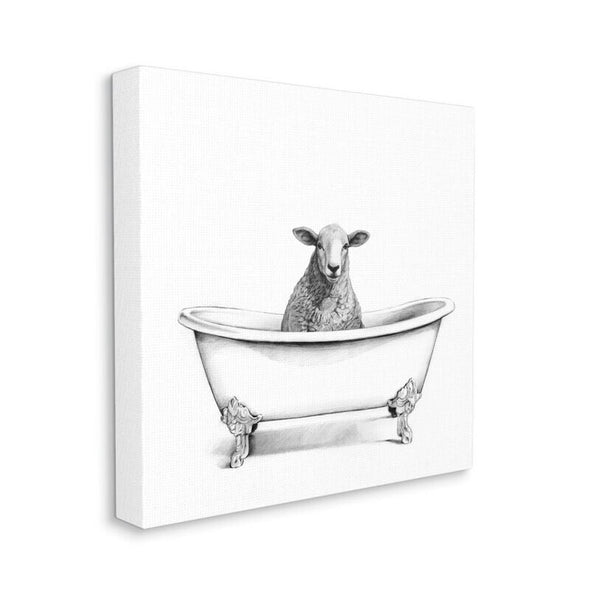 Sheep In Bath Tub Farm Animal Bathroom Painting Stretched Canvas, Framed Giclée and Wall Plaques Perfect for Bathroom