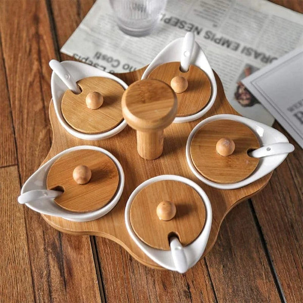 5 Pcs Ceramic Condiment Pots Spice Jars With Bamboo Rack 360 Rotatable & Serving Spoons, Sugar Bowl Salt Seasoning Container For Kitchen