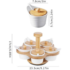 5 Pcs Ceramic Condiment Pots Spice Jars With Bamboo Rack 360 Rotatable & Serving Spoons, Sugar Bowl Salt Seasoning Container For Kitchen