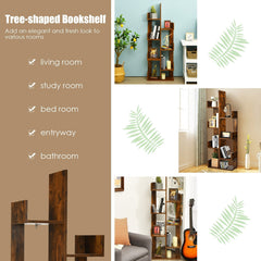 8-Shelf Industrial Tree-Shaped Bookshelf with Anti-Toppling Fitting